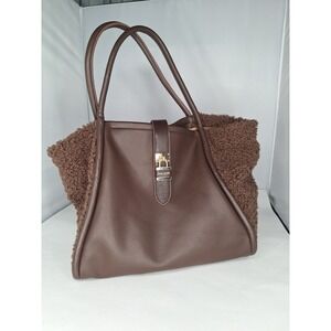 Anne Klein Brown Textured Tote Bag Faux Fur Trim Shoulder Bag